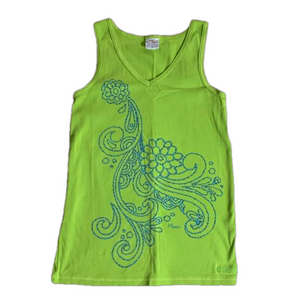 Lime green tank top from Hawaii with blue floral paisley design Maui size medium